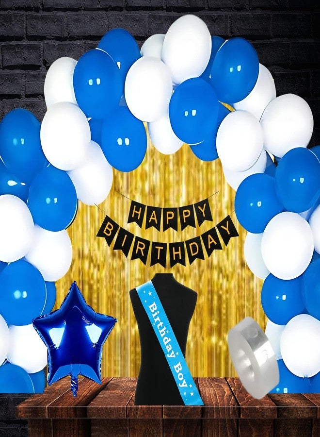 طقم زينة عيد ميلاد كيتر للأولاد، يتضمن بالون نجمة زرقاء من رقائق الألومنيوم، وستارتين ذهبيتين من رقائق الألومنيوم، و20 بالونًا (أزرق وأبيض)، ولافتة "عيد ميلاد سعيد"، وقوس بالونات، وديكورات حفلات. - Image 1